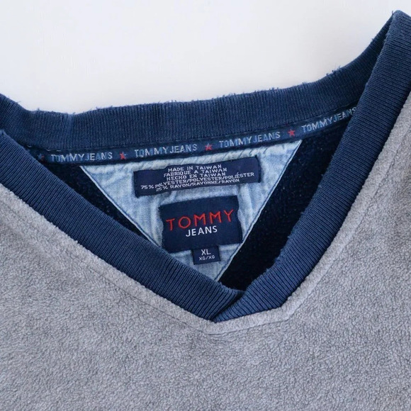 Tommy Hilfiger Vintage Y2K Blue & Grey V-Neck Sweater ~XLarge - Picture 5 of 11